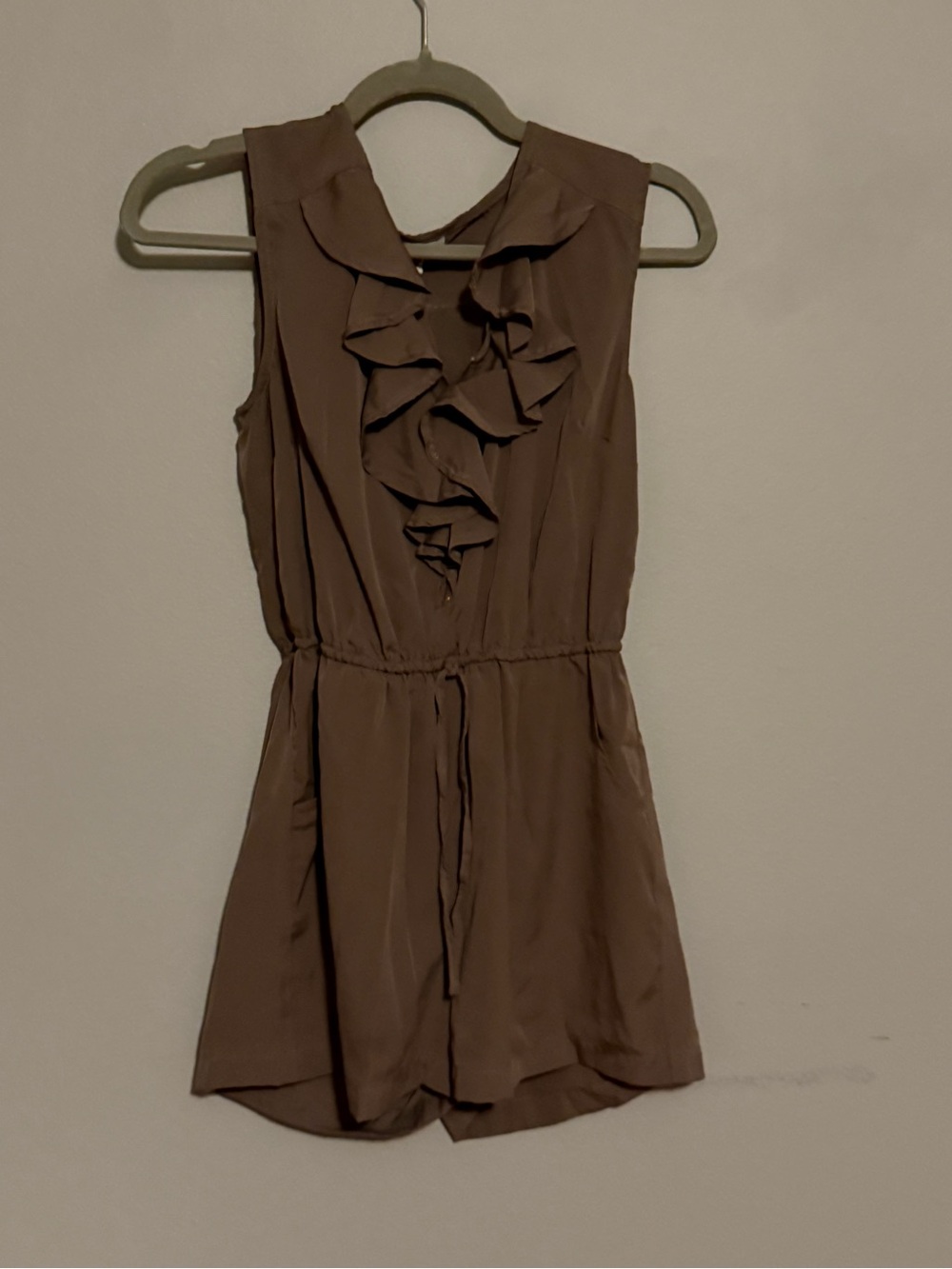 Ruffle-Front Brown Sleeveless Romper with Drawstring Waist